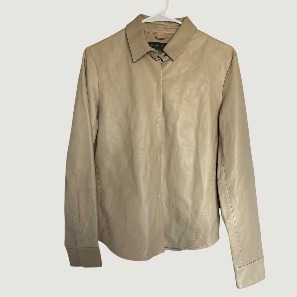Vintage Banana Republic Womens Beige Genuine Leather Snap Front Shirt Jacket M
